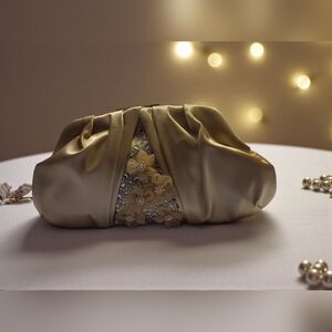 Badgley Mischka Gold Satin Clutch with Floral Embellishments